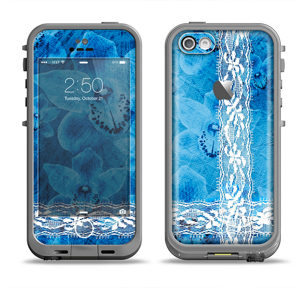The Vibrant Blue & White Floral Lace Apple iPhone 5c LifeProof Fre Case Skin Set