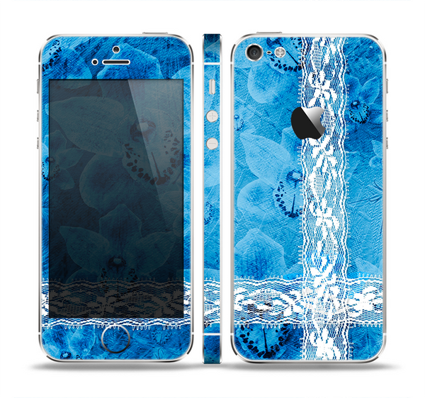 The Vibrant Blue & White Floral Lace Skin Set for the Apple iPhone 5