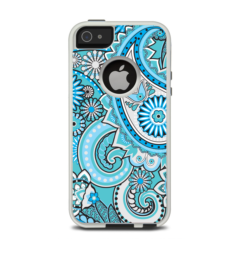 The Vibrant Blue and White Paisley Design  Apple iPhone 5-5s Otterbox Commuter Case Skin Set