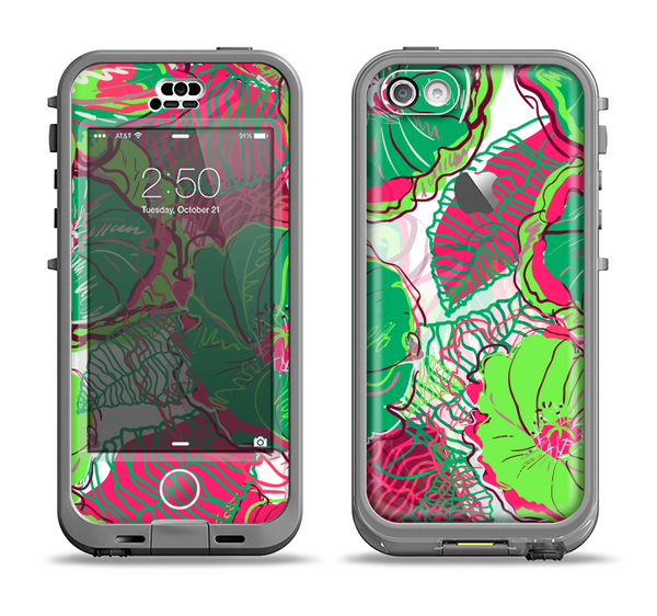 The Vibrant Green & Coral Floral Sketched Apple iPhone 5c LifeProof Nuud Case Skin Set