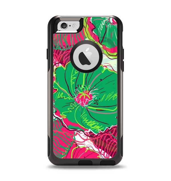 The Vibrant Green & Coral Floral Sketched Apple iPhone 6 Otterbox Commuter Case Skin Set