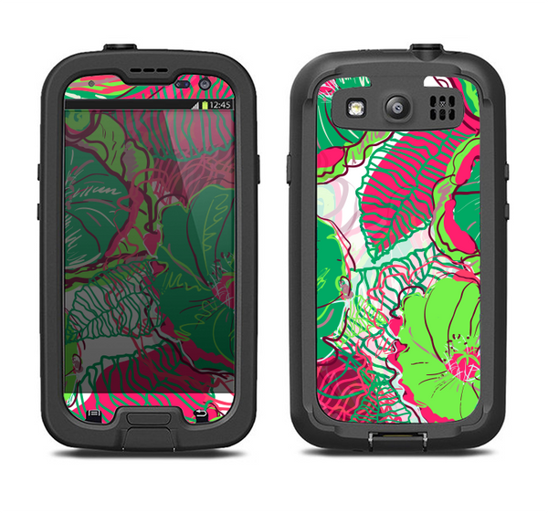 The Vibrant Green & Coral Floral Sketched Samsung Galaxy S3 LifeProof Fre Case Skin Set