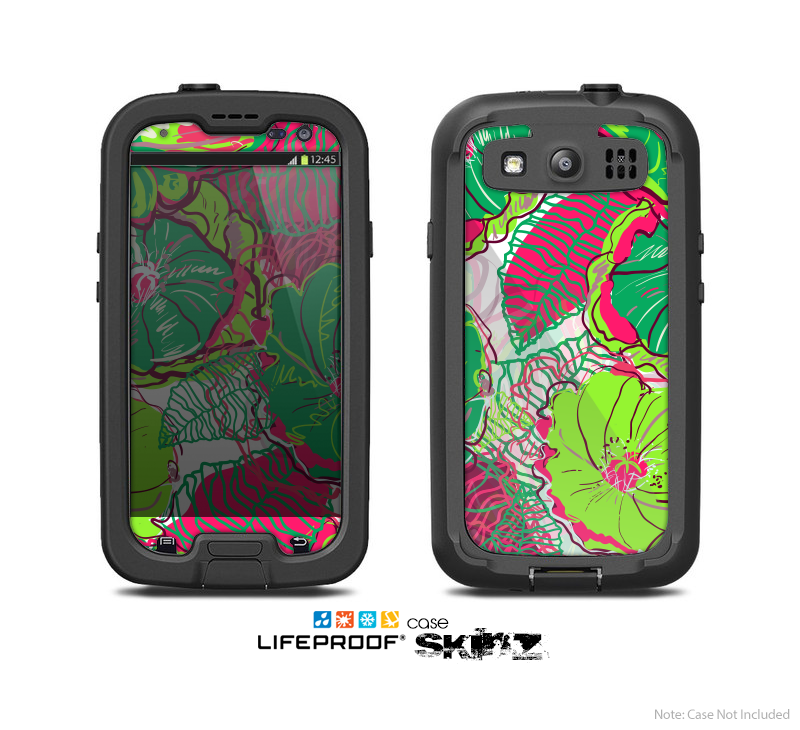 The Vibrant Green & Coral Floral Sketched Skin For The Samsung Galaxy S3 LifeProof Case