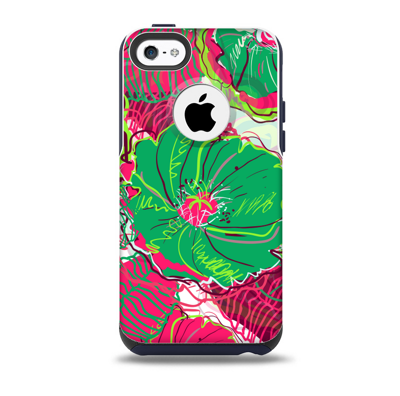The Vibrant Green & Coral Floral Sketched Skin for the iPhone 5c OtterBox Commuter Case