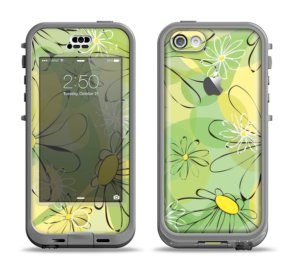 The Vibrant Green Outlined Floral Apple iPhone 5c LifeProof Nuud Case Skin Set