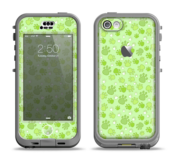The Vibrant Green Paw Prints Apple iPhone 5c LifeProof Nuud Case Skin Set