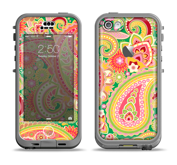 The Vibrant Green and Pink Paisley Pattern Apple iPhone 5c LifeProof Nuud Case Skin Set