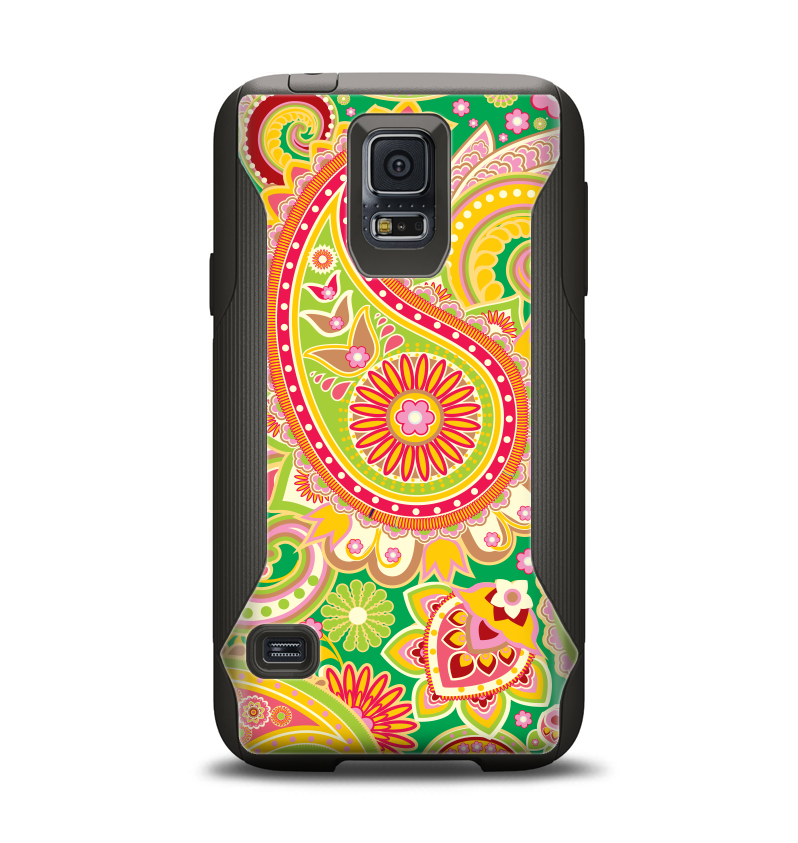 The Vibrant Green and Pink Paisley Pattern Samsung Galaxy S5 Otterbox Commuter Case Skin Set
