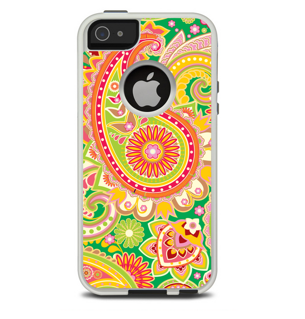 The Vibrant Green and Pink Paisley Pattern Skin For The iPhone 5-5s Otterbox Commuter Case