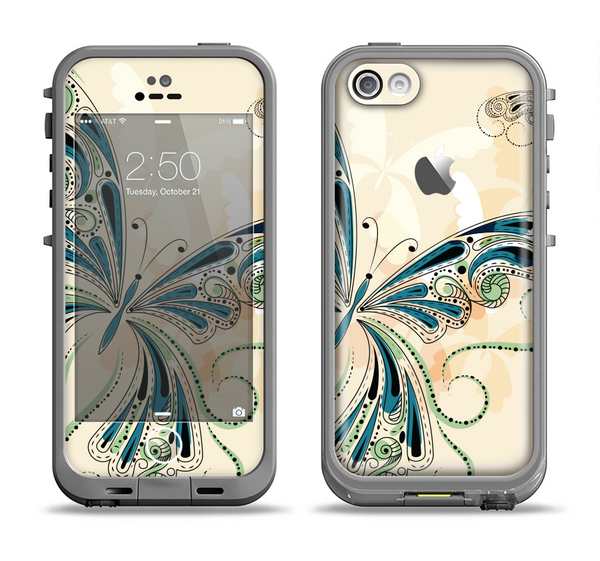 The Vibrant Tan & Blue Butterfly Outline Apple iPhone 5c LifeProof Fre Case Skin Set
