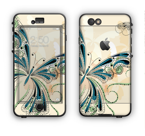 The Vibrant Tan & Blue Butterfly Outline Apple iPhone 6 LifeProof Nuud Case Skin Set