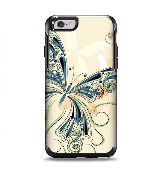 The Vibrant Tan & Blue Butterfly Outline Apple iPhone 6 Otterbox Symmetry Case Skin Set