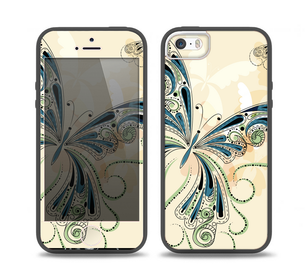 The Vibrant Tan & Blue Butterfly Outline Skin Set for the iPhone 5-5s Skech Glow Case