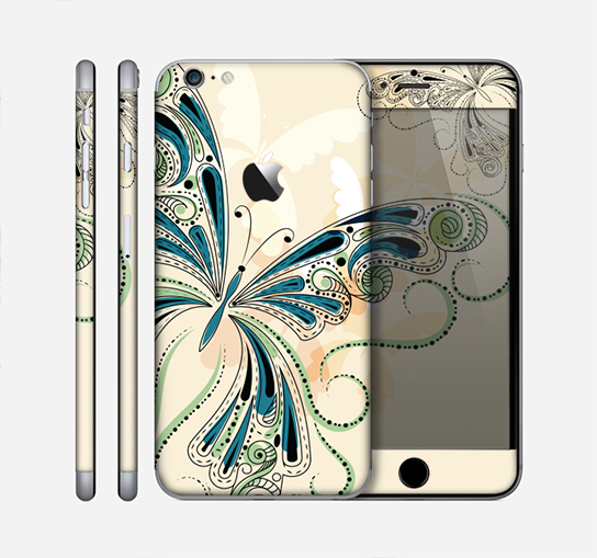 The Vibrant Tan & Blue Butterfly Outline Skin for the Apple iPhone 6 Plus