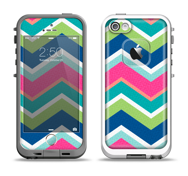 The Vibrant Teal & Colored Layered Chevron V3 Apple iPhone 5-5s LifeProof Fre Case Skin Set