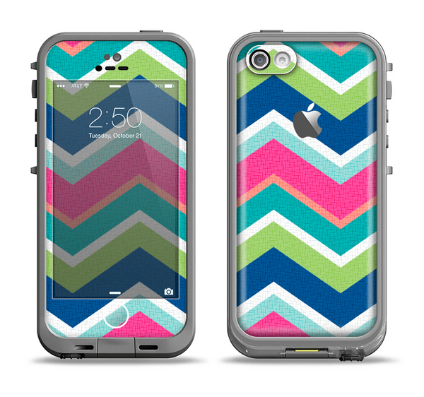 The Vibrant Teal & Colored Layered Chevron V3 Apple iPhone 5c LifeProof Fre Case Skin Set
