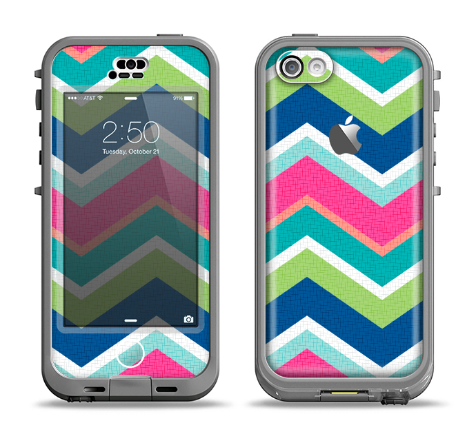 The Vibrant Teal & Colored Layered Chevron V3 Apple iPhone 5c LifeProof Nuud Case Skin Set