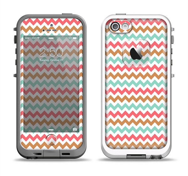 The Vintage Brown-Teal-Pink Chevron Pattern Apple iPhone 5-5s LifeProof Fre Case Skin Set