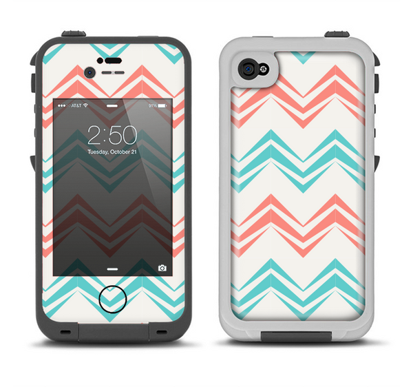 The Vintage Coral & Teal Abstract Chevron Pattern Apple iPhone 4-4s LifeProof Fre Case Skin Set
