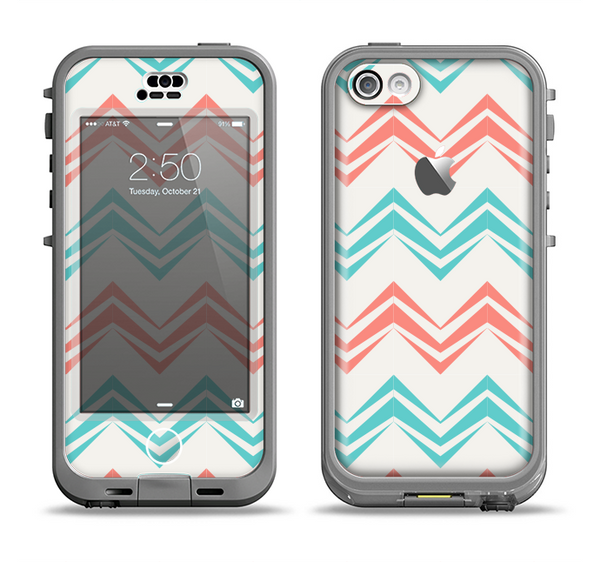 The Vintage Coral & Teal Abstract Chevron Pattern Apple iPhone 5c LifeProof Nuud Case Skin Set