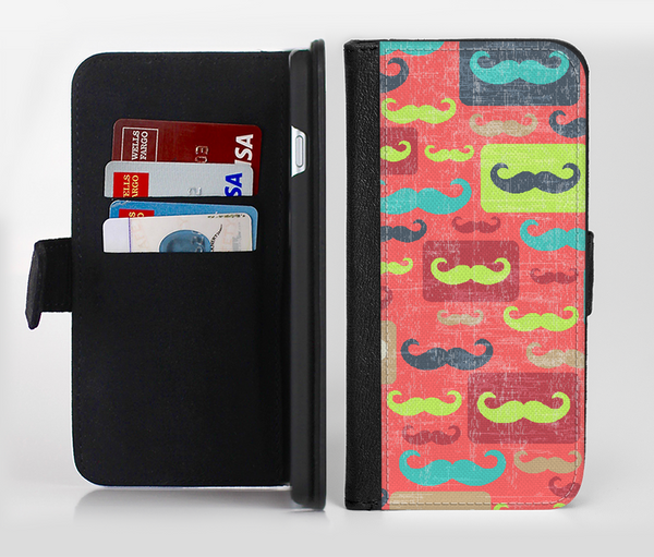 The Vintage Coral and Neon Mustaches Ink-Fuzed Leather Folding Wallet Credit-Card Case for the Apple iPhone 6/6s, 6/6s Plus, 5/5s and 5c