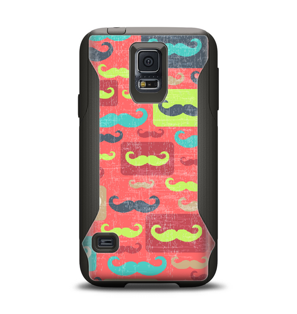 The Vintage Coral and Neon Mustaches Samsung Galaxy S5 Otterbox Commuter Case Skin Set