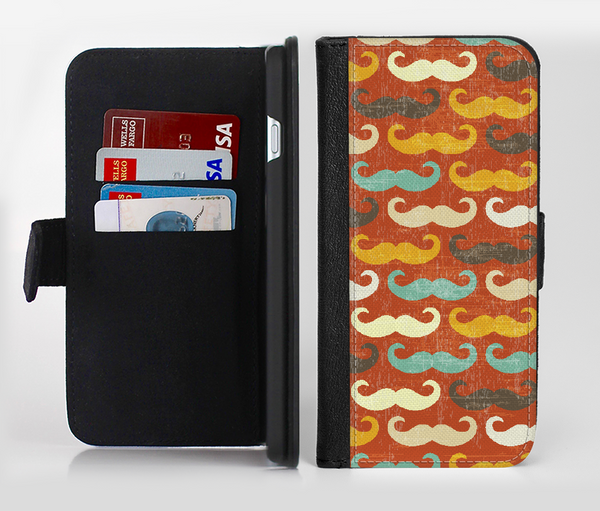 The Vintage Dark Red Mustache Pattern Ink-Fuzed Leather Folding Wallet Credit-Card Case for the Apple iPhone 6/6s, 6/6s Plus, 5/5s and 5c