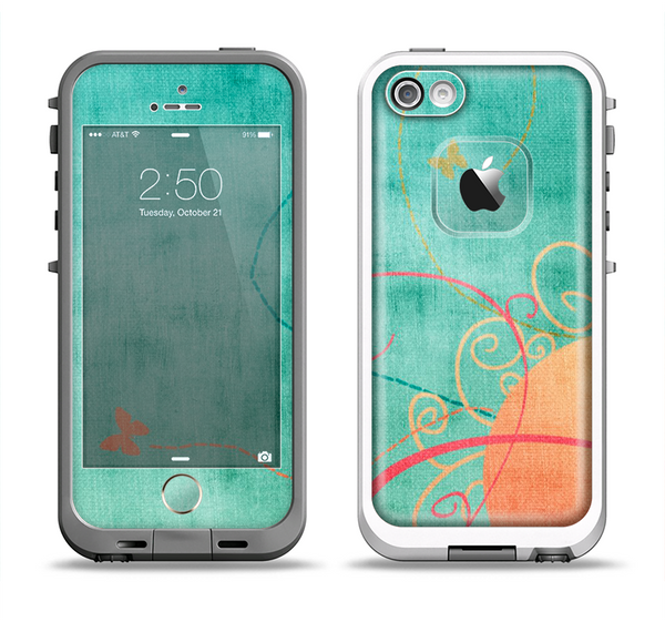 The Vintage Green Grunge Texture with Orange Apple iPhone 5-5s LifeProof Fre Case Skin Set