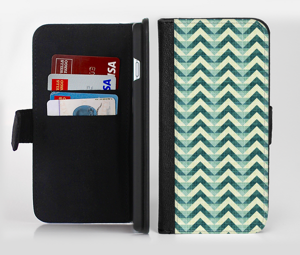 The Vintage Green & Tan Chevron Pattern Ink-Fuzed Leather Folding Wallet Credit-Card Case for the Apple iPhone 6/6s, 6/6s Plus, 5/5s and 5c