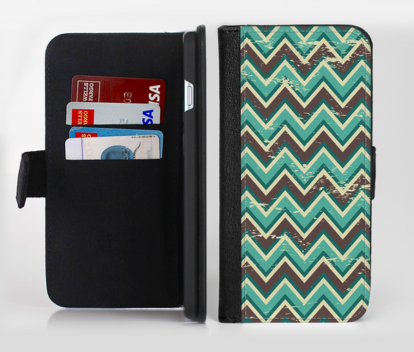 The Vintage Green & Tan Chevron Pattern V4 Ink-Fuzed Leather Folding Wallet Credit-Card Case for the Apple iPhone 6/6s, 6/6s Plus, 5/5s and 5c
