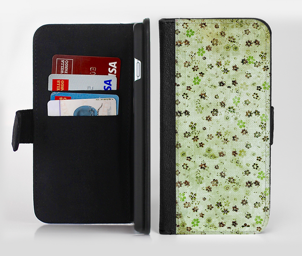 The Vintage Green Tiny Floral Ink-Fuzed Leather Folding Wallet Credit-Card Case for the Apple iPhone 6/6s, 6/6s Plus, 5/5s and 5c
