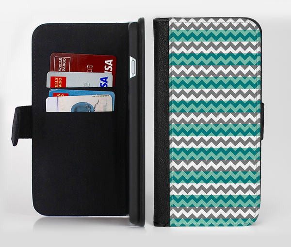The Vintage Green & White Chevron Pattern V4 Ink-Fuzed Leather Folding Wallet Credit-Card Case for the Apple iPhone 6/6s, 6/6s Plus, 5/5s and 5c