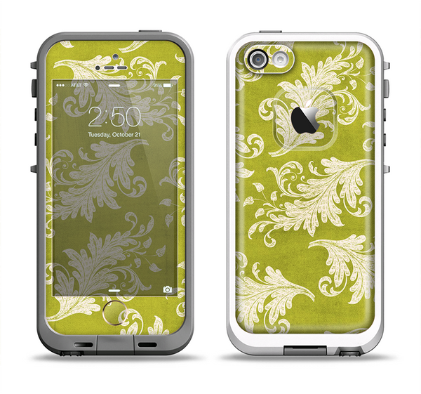 The Vintage Green & White Floral Pattern Apple iPhone 5-5s LifeProof Fre Case Skin Set