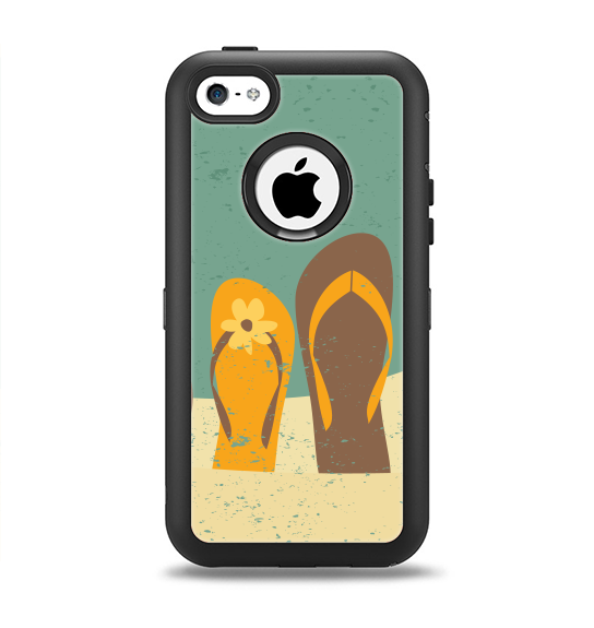 The Vintage His & Her Flip Flops Beach Scene Apple iPhone 5c Otterbox Defender Case Skin Set
