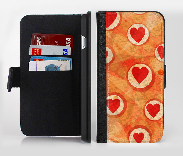 The Vintage Subtle Red and Orange Hearts Ink-Fuzed Leather Folding Wallet Credit-Card Case for the Apple iPhone 6/6s, 6/6s Plus, 5/5s and 5c