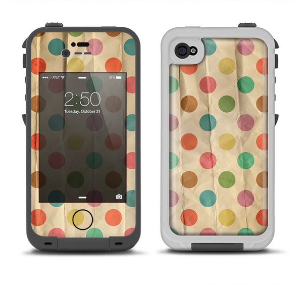 The Vintage Tan & Colored Polka Dots Apple iPhone 4-4s LifeProof Fre Case Skin Set
