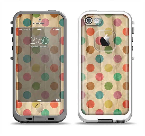 The Vintage Tan & Colored Polka Dots Apple iPhone 5-5s LifeProof Fre Case Skin Set