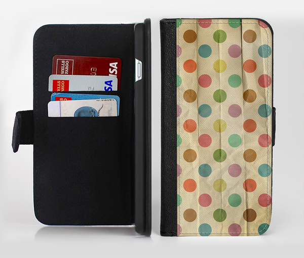 The Vintage Tan & Colored Polka Dots Ink-Fuzed Leather Folding Wallet Credit-Card Case for the Apple iPhone 6/6s, 6/6s Plus, 5/5s and 5c