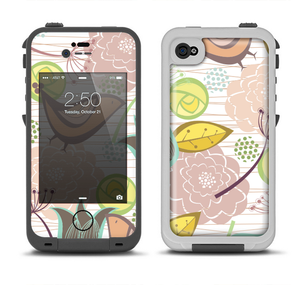 The Vintage Tan & Gold Vector Birds with Flowers Apple iPhone 4-4s LifeProof Fre Case Skin Set