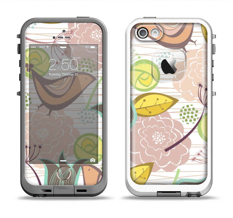 The Vintage Tan & Gold Vector Birds with Flowers Apple iPhone 5-5s LifeProof Fre Case Skin Set
