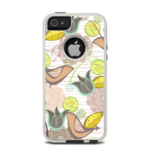 The Vintage Tan & Gold Vector Birds with Flowers Apple iPhone 5-5s Otterbox Commuter Case Skin Set
