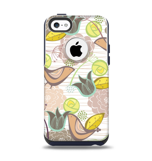 The Vintage Tan & Gold Vector Birds with Flowers Apple iPhone 5c Otterbox Commuter Case Skin Set
