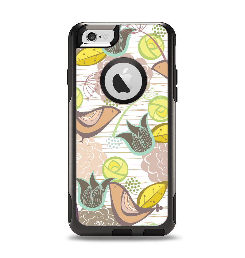 The Vintage Tan & Gold Vector Birds with Flowers Apple iPhone 6 Otterbox Commuter Case Skin Set