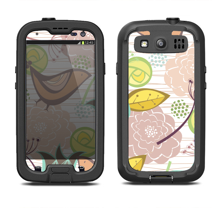 The Vintage Tan & Gold Vector Birds with Flowers Samsung Galaxy S3 LifeProof Fre Case Skin Set