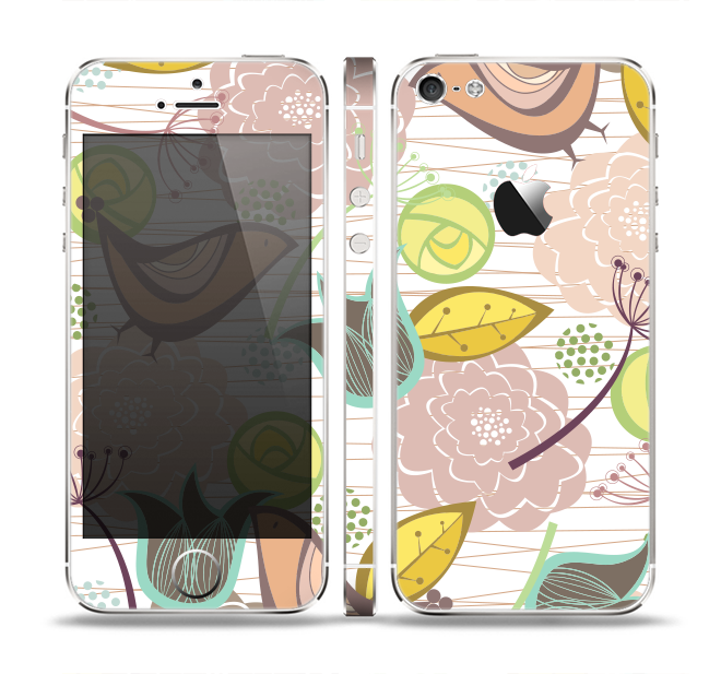 The Vintage Tan & Gold Vector Birds with Flowers Skin Set for the Apple iPhone 5