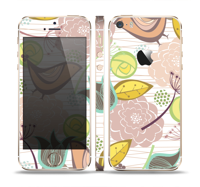 The Vintage Tan & Gold Vector Birds with Flowers Skin Set for the Apple iPhone 5s