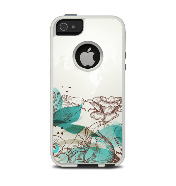The Vintage Teal and Tan Abstract Floral Design Apple iPhone 5-5s Otterbox Commuter Case Skin Set