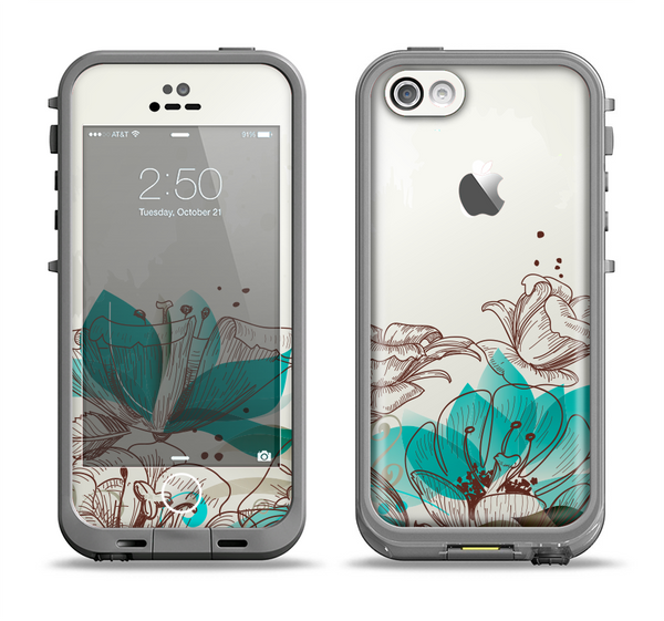 The Vintage Teal and Tan Abstract Floral Design Apple iPhone 5c LifeProof Fre Case Skin Set