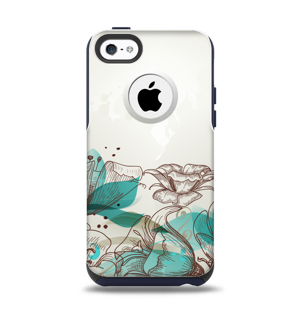The Vintage Teal and Tan Abstract Floral Design Apple iPhone 5c Otterbox Commuter Case Skin Set