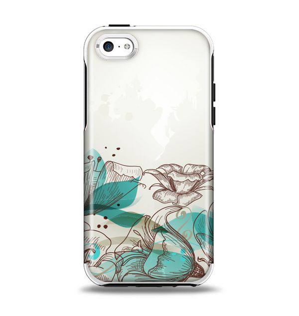 The Vintage Teal and Tan Abstract Floral Design Apple iPhone 5c Otterbox Symmetry Case Skin Set